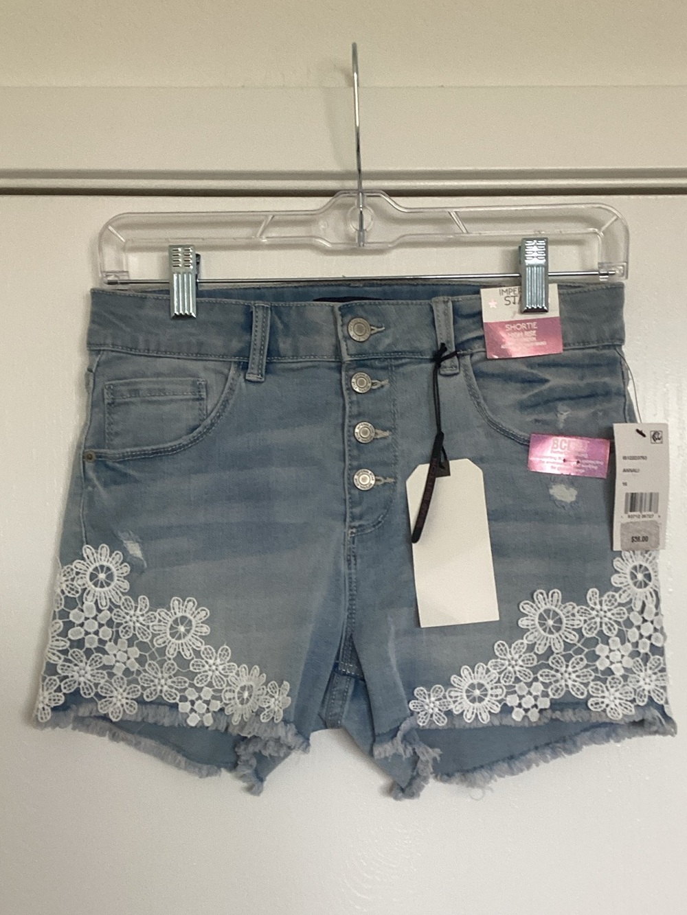 Imperial Star Girls Light Blue Denim Shorts with White Lace Trim